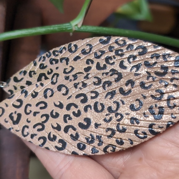 Faux Leather Metallic Black and Tan Animal Print Feather Drop Earrings - Picture 2 of 3